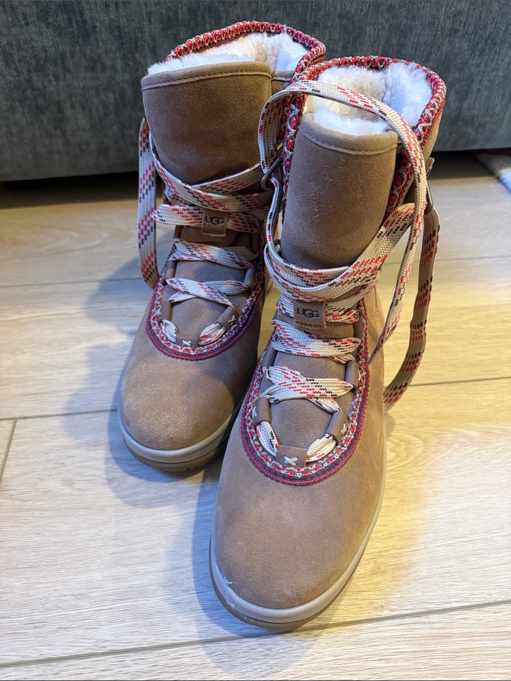 UGG Tan Suede Lace-Up Winter Boots with Red Accents